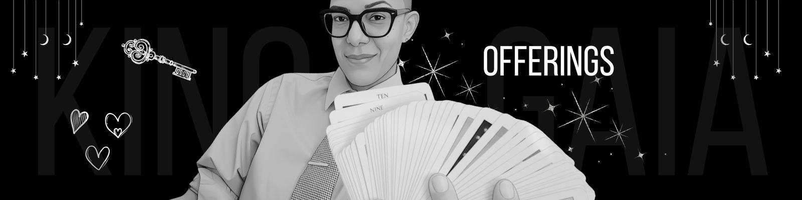 King Gaia shadow work coach and Reiki alchemist smiling in black and white portrait with tarot cards in the background, offering sacred readings and gatherings for self-discovery and healing