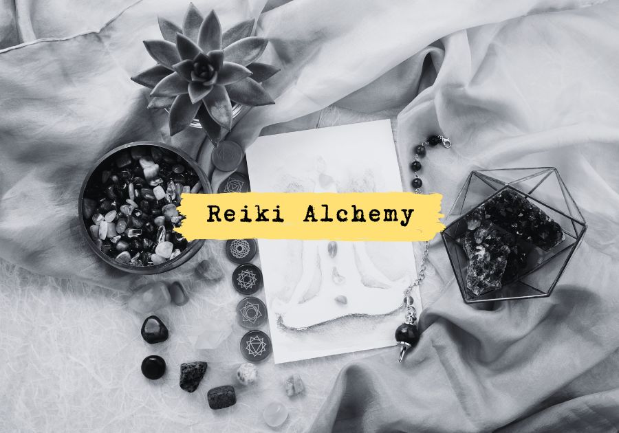 Flat lay of crystals, flowers, and King Gaia’s Reiki Alchemy tools — representing deep energy healing, chakra balancing, and vibrational restoration through sacred Reiki practice.