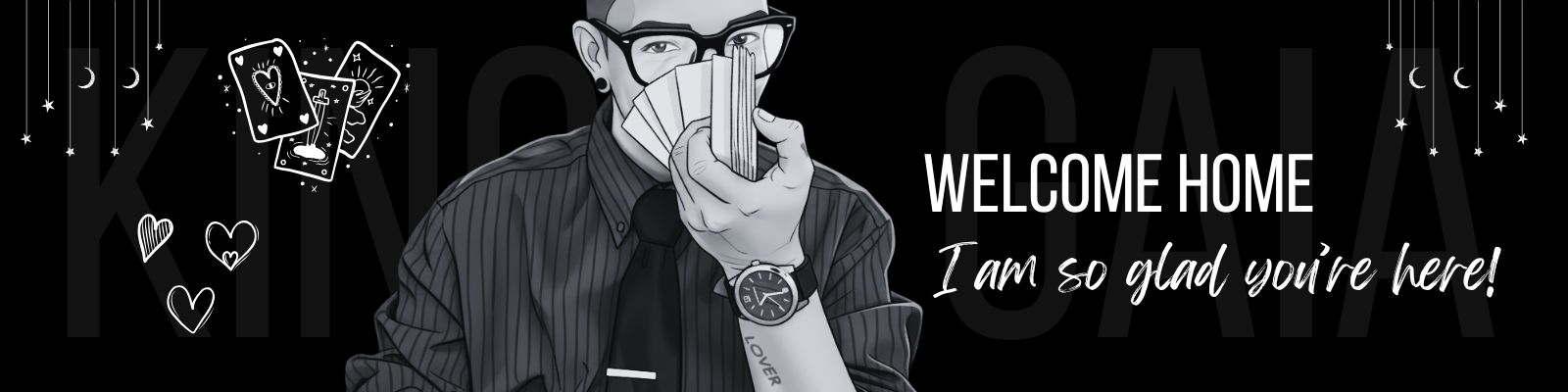 King Gaia shadow work coach and Reiki alchemist smiling in black and white portrait with tarot cards in the background, offering sacred guidance for self-discovery and healing.